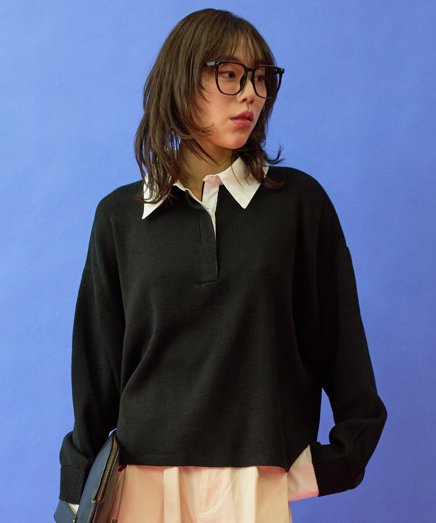 FONT LAB】フェイクシャツレイヤードクロップドニット｜ファッション