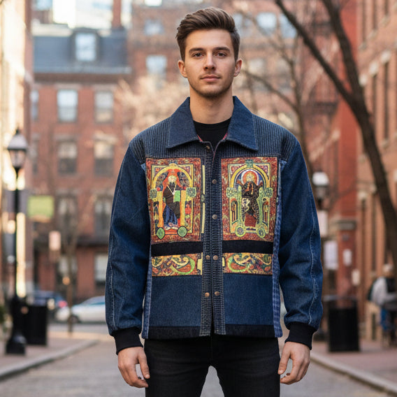Patchwork Denim Chore Jacket with St Francis and St Matthew Images