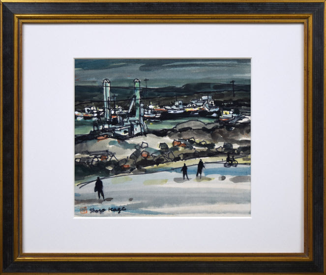 鹿毛正三「漁港風景（苫小牧）」水彩画・色紙 絵画買取・販売の小竹美術