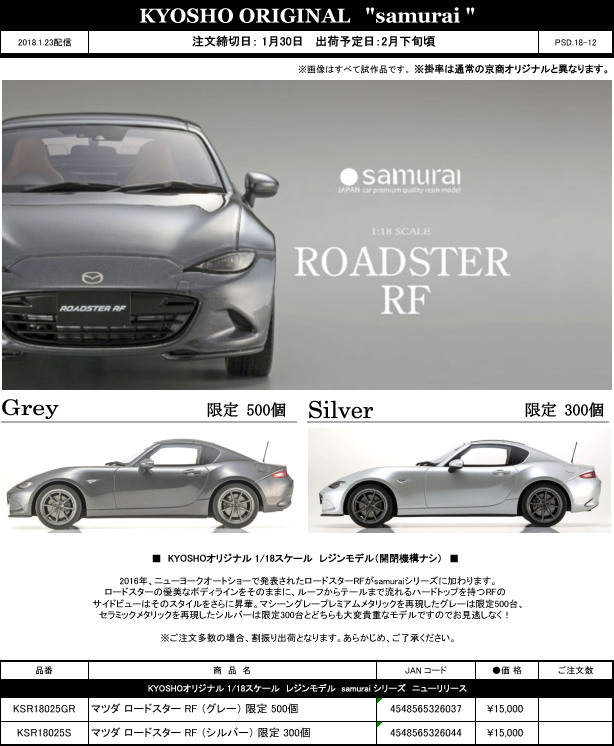 KYOSHO(京商) 新製品予約案内 samurai シリーズ 1/18 マツダ