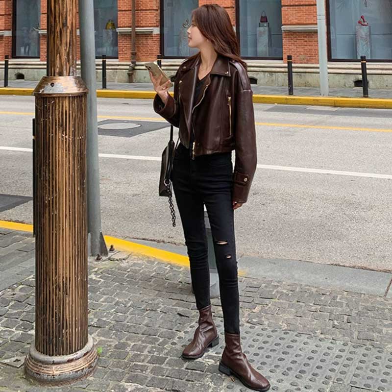 ショート丈レザージャケット(2colors)（茶・黒）秋/冬 辛口アイテムで