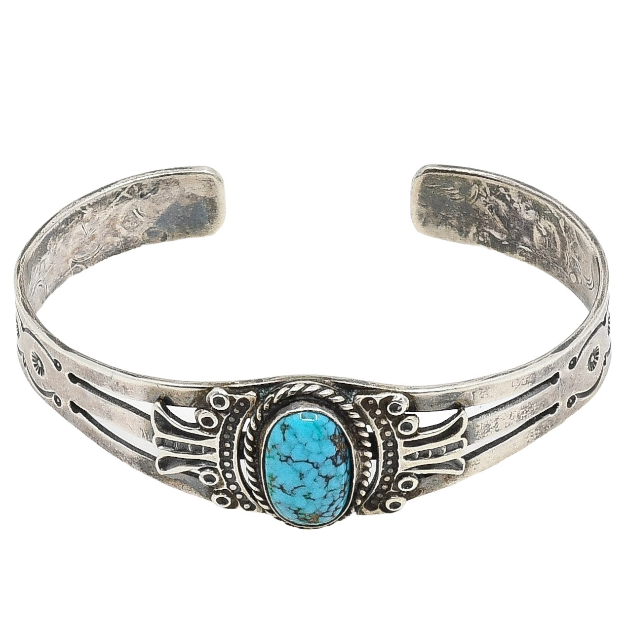 Fred Peshlakai Bracelet Of Silver and Lone Mountain Turquoise