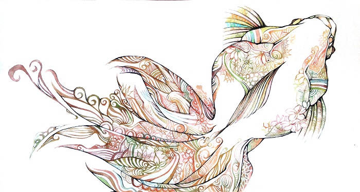 絵画』水彩の線画で描いた綺麗なおめかし金魚の絵。 - 岐阜県多治見市