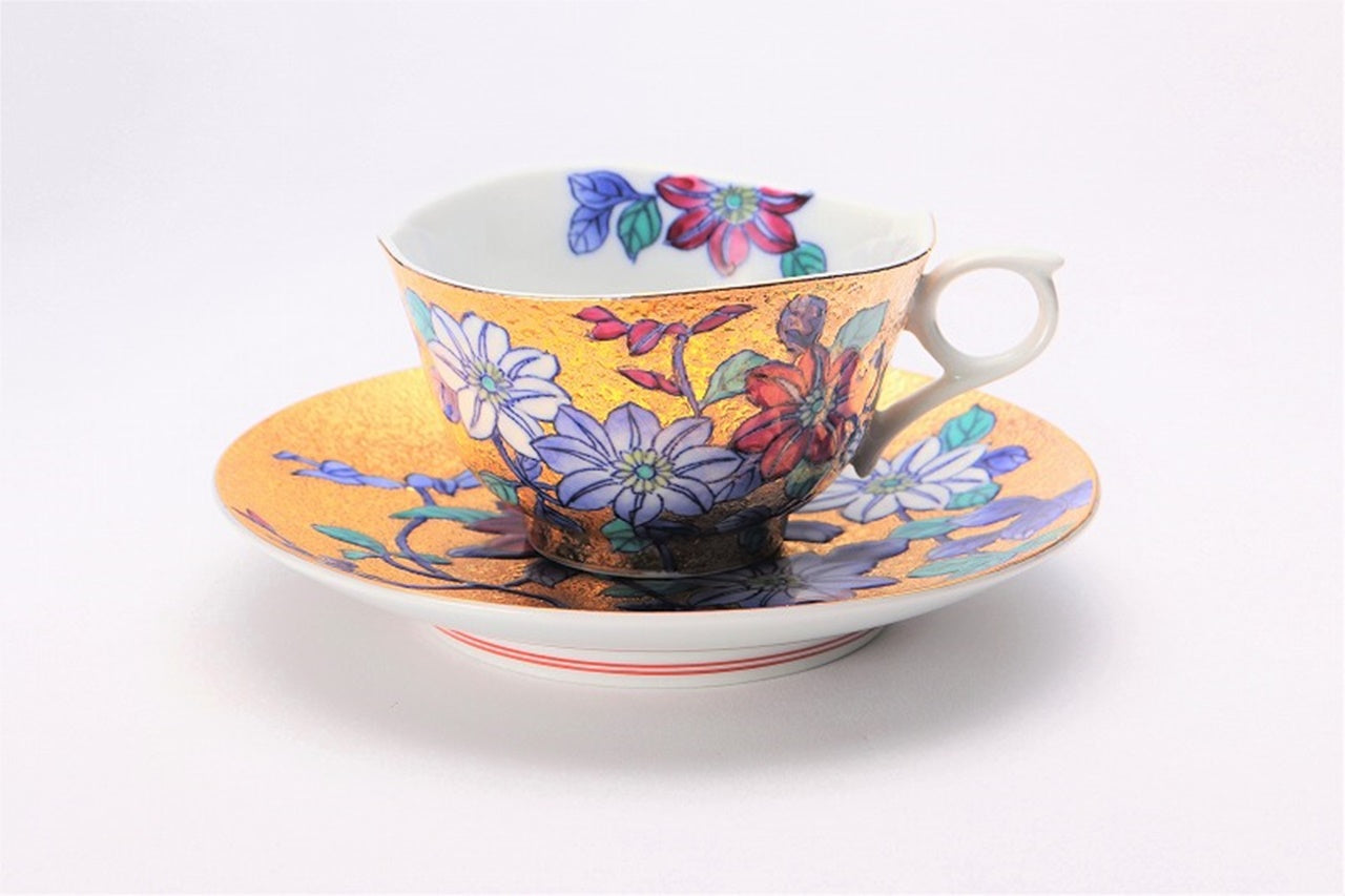 カフェ用品 「コーヒー碗 金彩 鉄仙花 木箱付」 金龍窯 江口天童