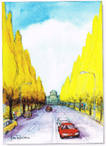 風景画 スケッチ 銀杏並木を描く 紅葉、黄葉 by田熊 順: 塗り絵で癒し