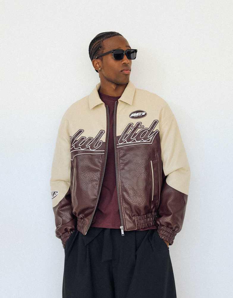 Bershka faux leather washed jacket with shearling in brown – On