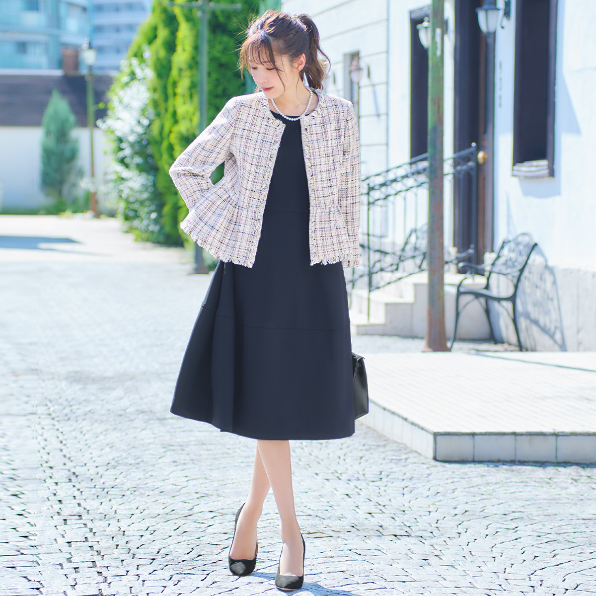 Flolia（フロリア）ツイードフリンジジャケット＆コクーンワンピース2