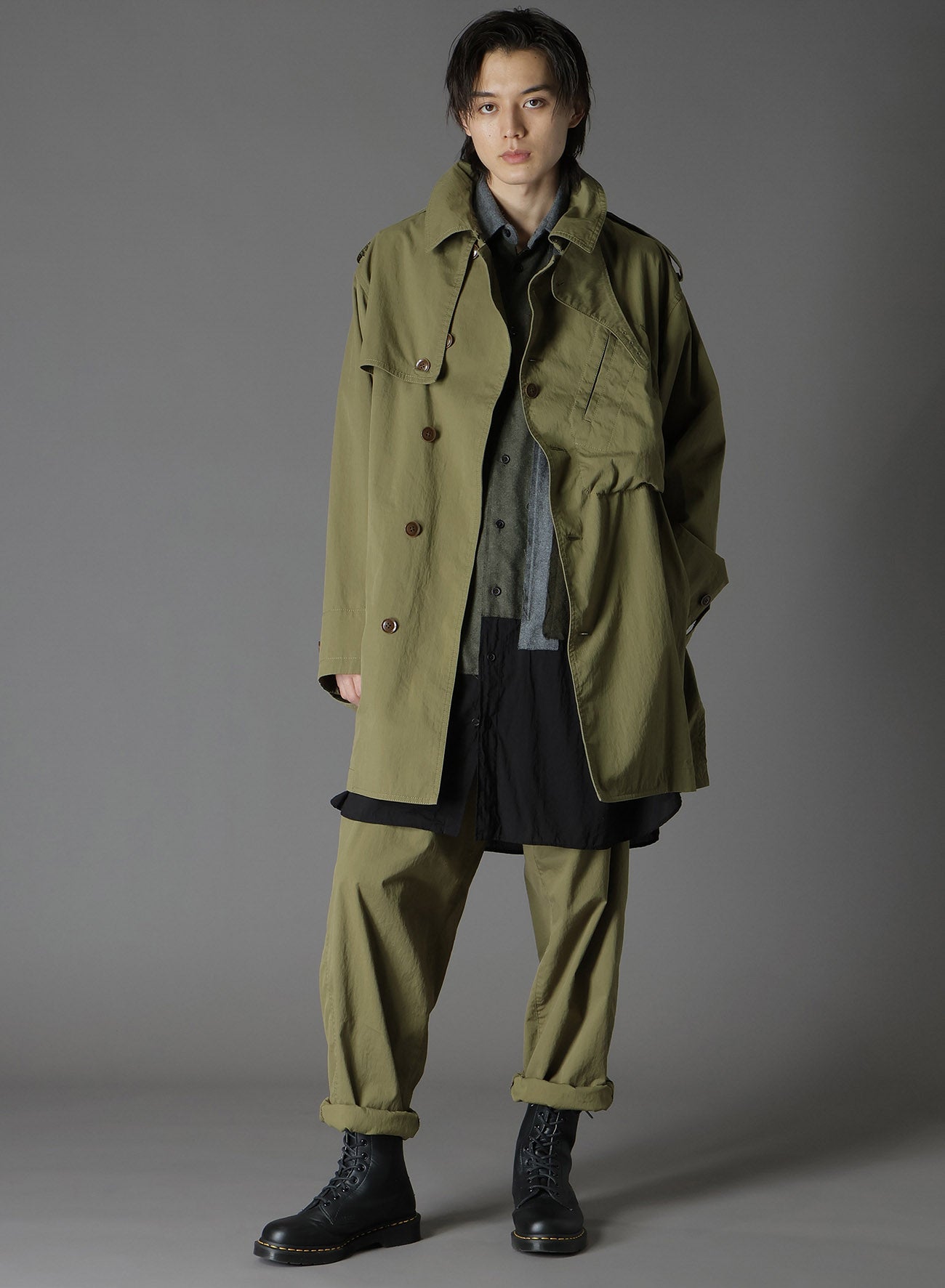 COTTON/NYLON OXFORD ZIPPER TRENCH COAT WITH FULLED WOOL GAUZE