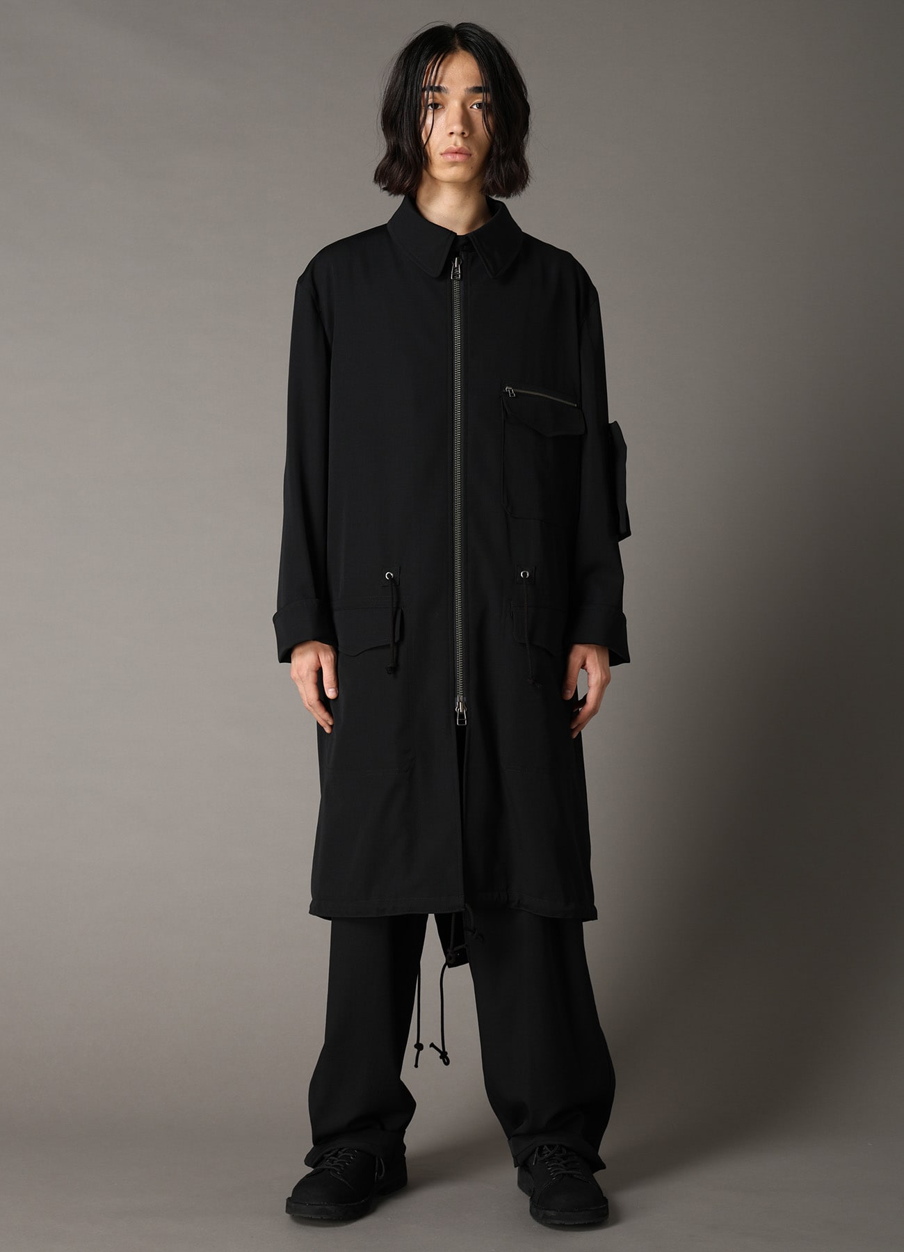 WOOL GABARDINE STAND COLLAR MODS COAT(XS Black): Ground Y｜THE