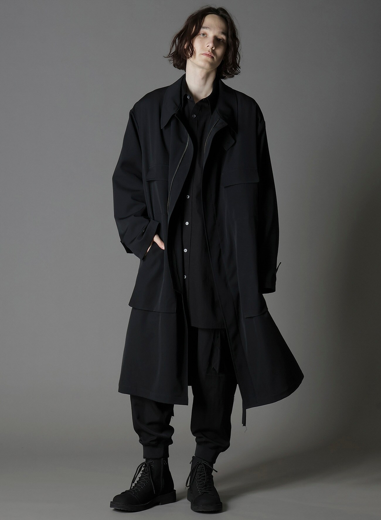W/GABARDINE OUT POCKET LONG COAT(FREE SIZE Black): Soldes｜THE