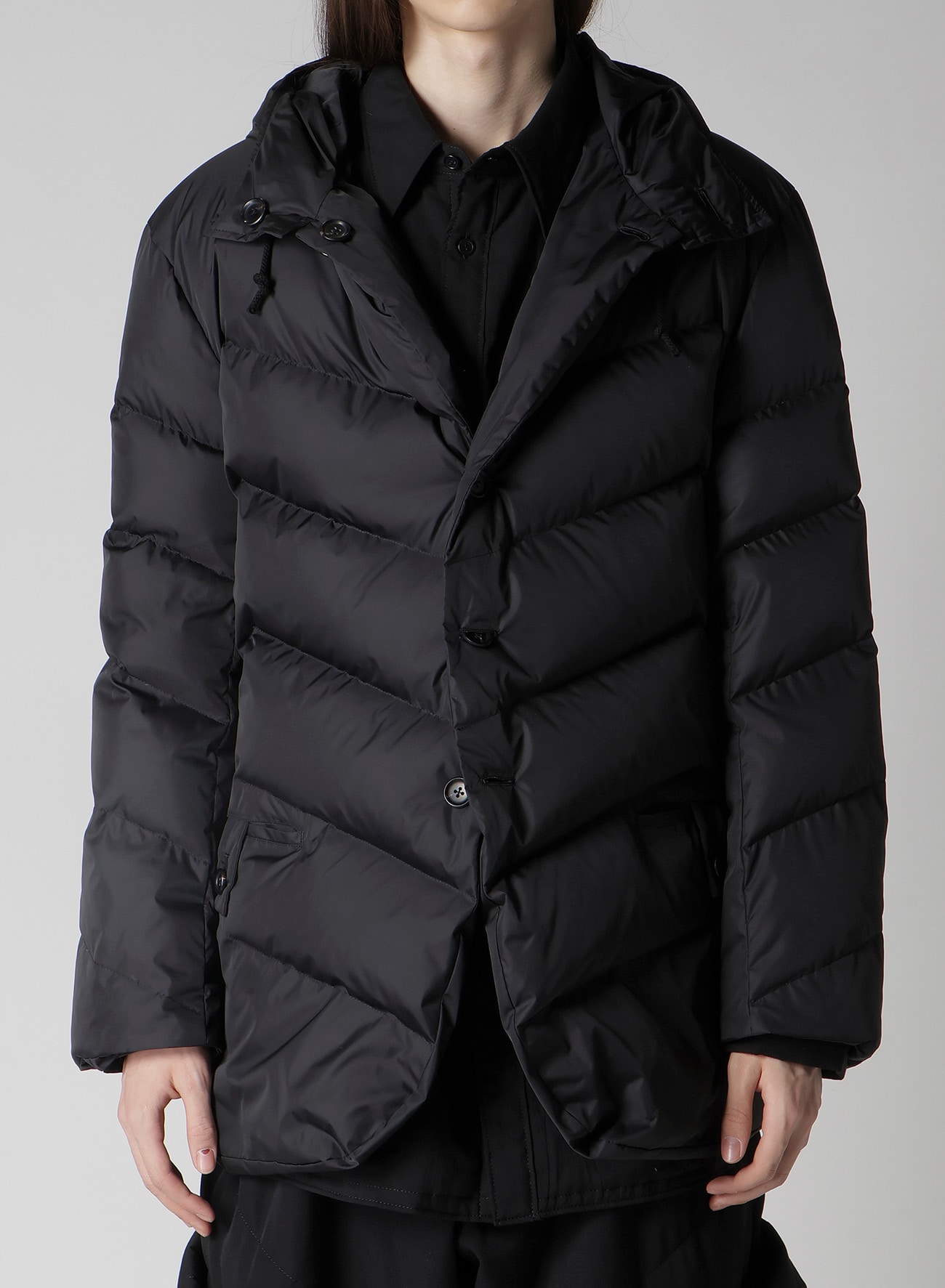 NYLON TAFFETA DIAGONAL DOWN JACKET(S Black): Yohji Yamamoto POUR