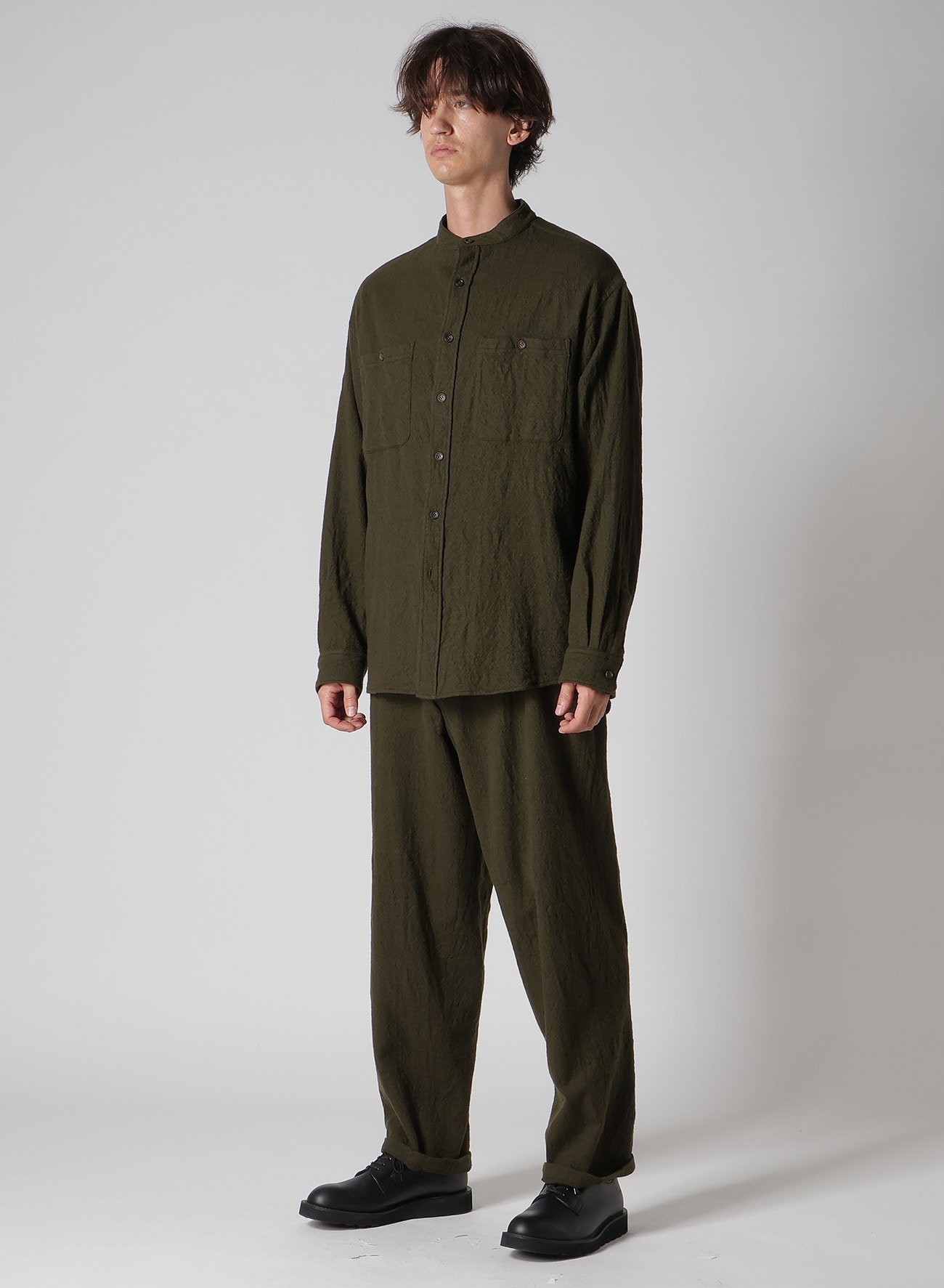 Y's for men × MASSES】 SHRINK SERGE STAND COLLAR SHIRT(S Khaki