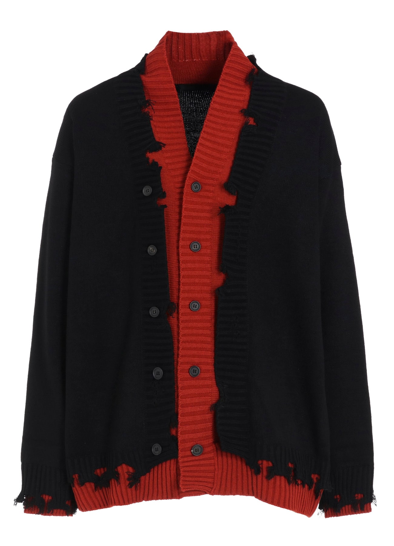 CORPILON BULKY WOOL COLOR-BLOCKED DAMAGE CARDIGAN(M Black x Terra