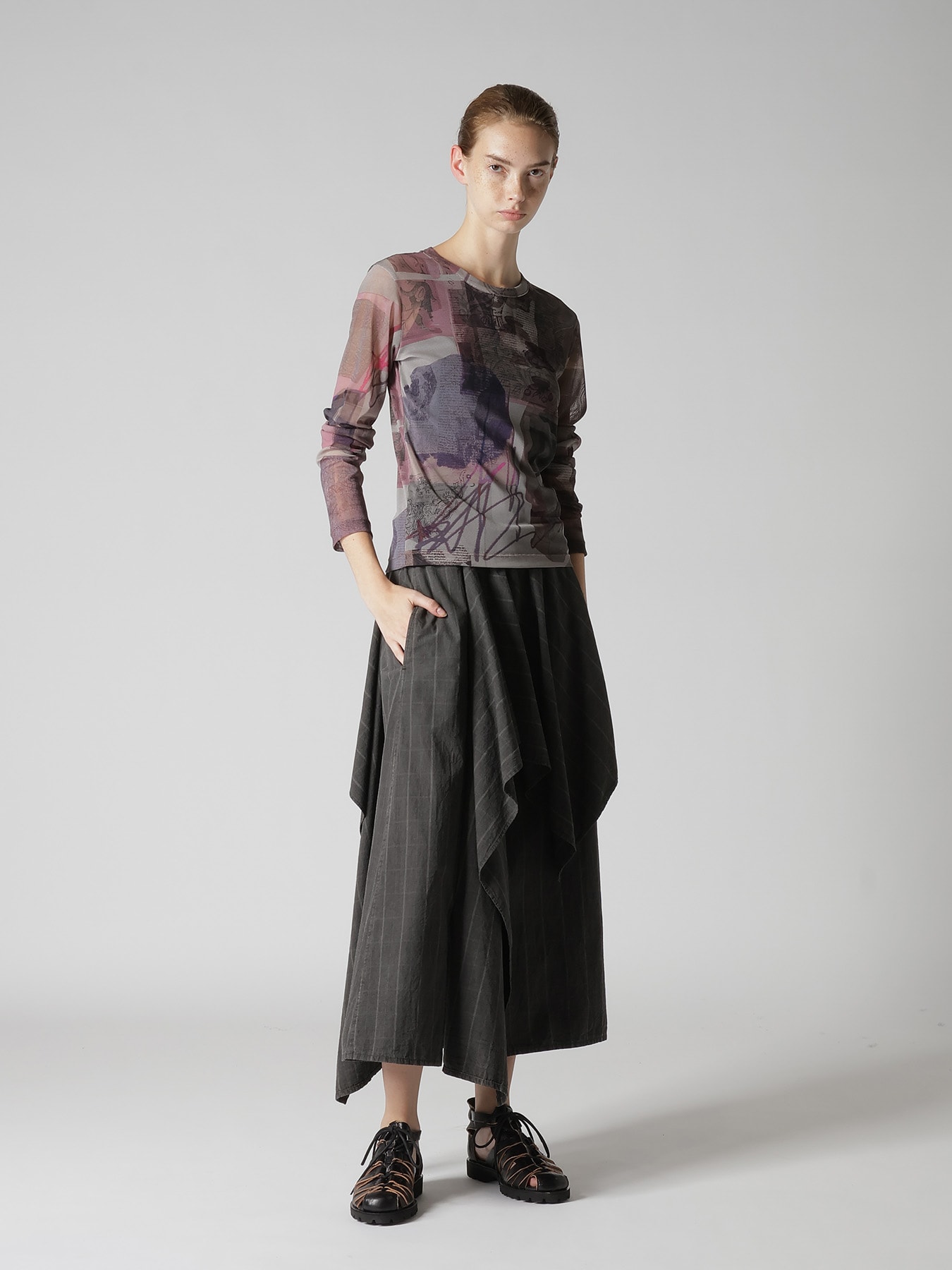 COTTON PLAID DRAPE SKIRT(XS Grey): Y's｜THE SHOP YOHJI YAMAMOTO