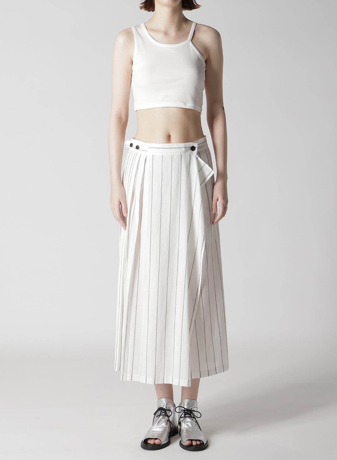 WASHER STRIPE PLEATED WRAP SKIRT(XS White): Vintage｜Special Price