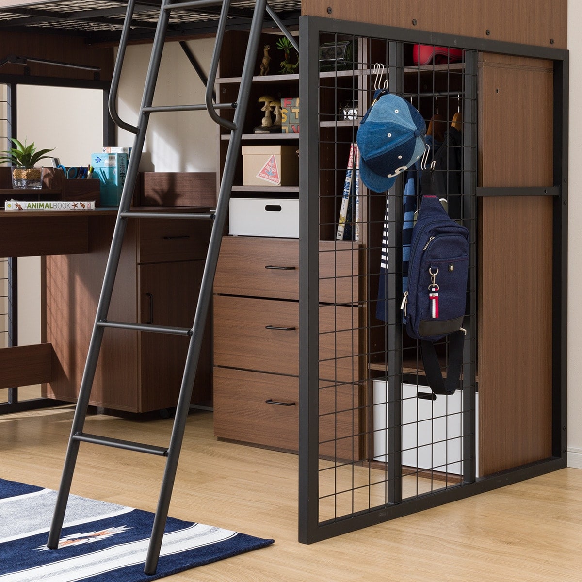 幅203cm] ロフトベッド+マットレスセット(デニッシュHMBR/BK RS03X