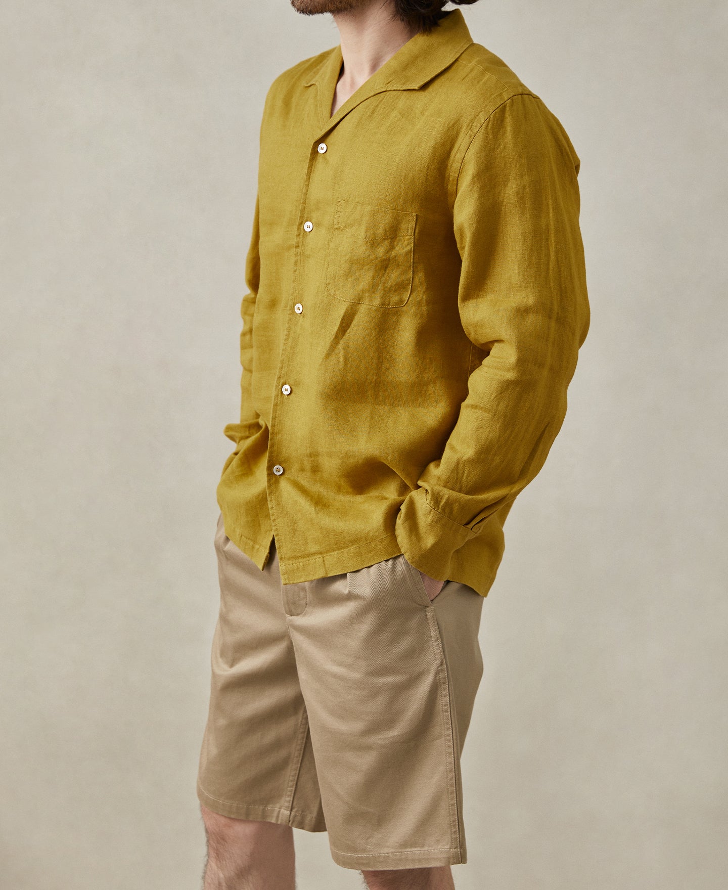 1950s Italian Collar Long Sleeve Linen Shirt - Mustard | Time