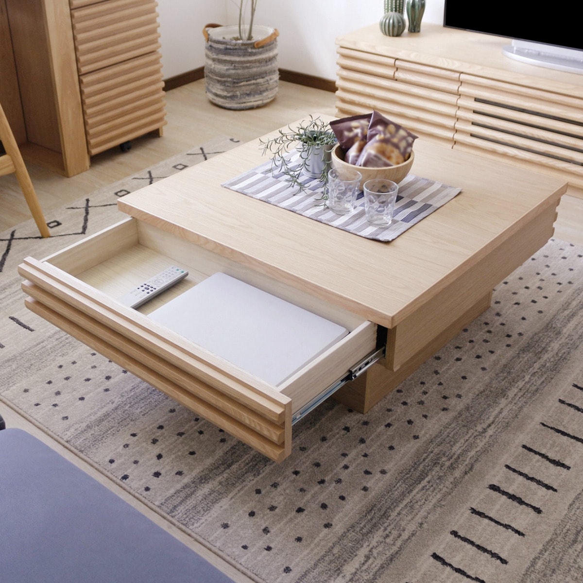 楽天市場】天然木工芸突板ルーバーセンターテーブル（正方形） ニトリ