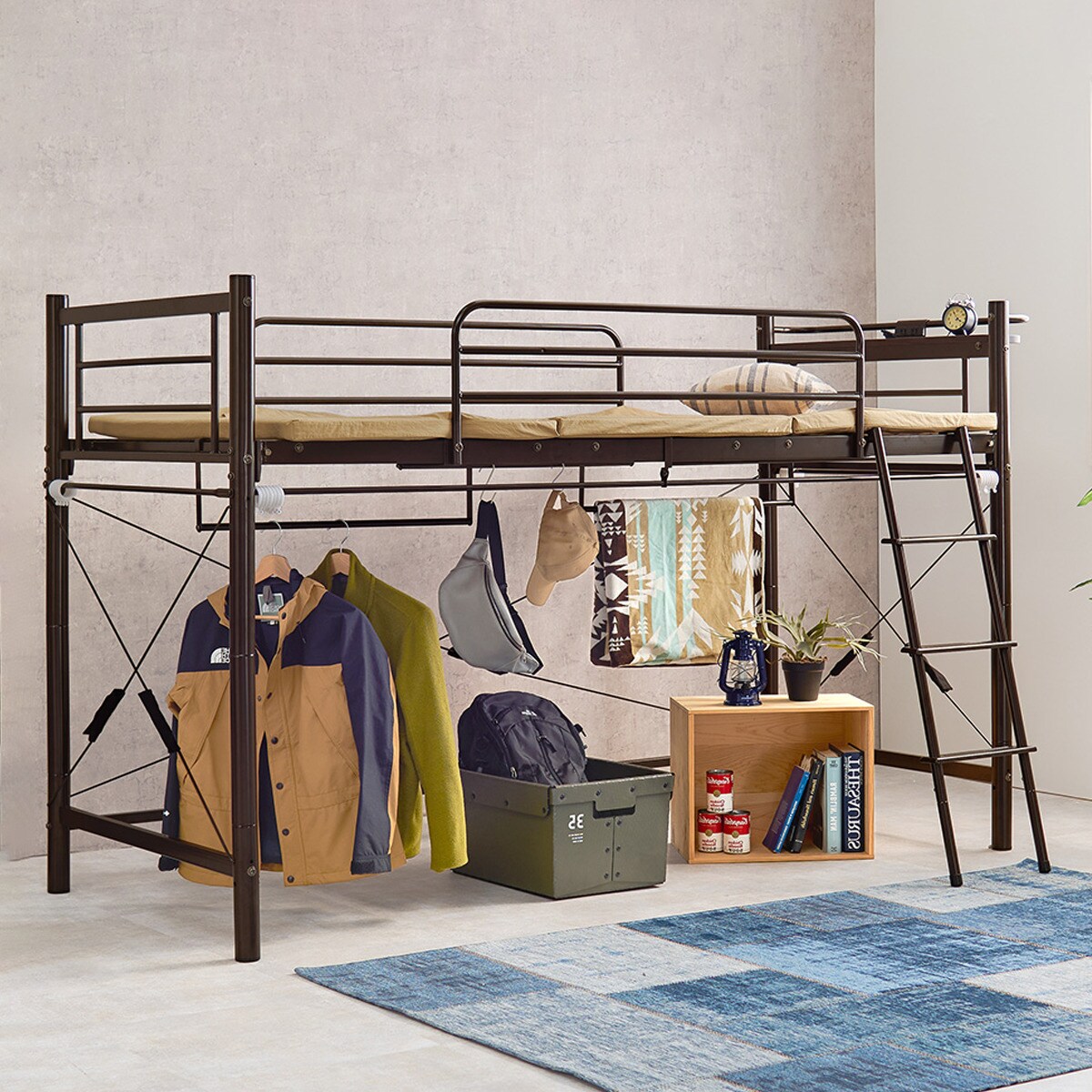 楽天市場】カーテンが付けられる ロフトベッド ダークブラウン ライト