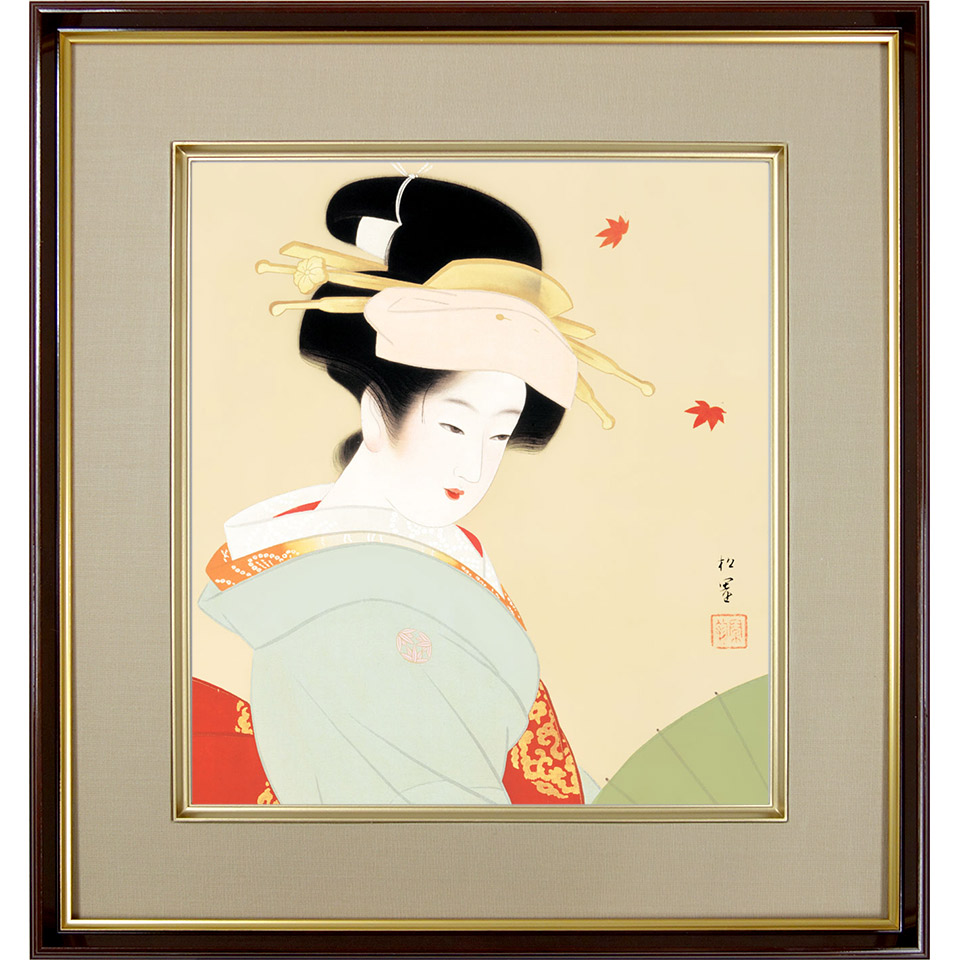 楽天市場】上村松園「紅葉可里図」複製画 額入り 色紙額 特殊工芸画