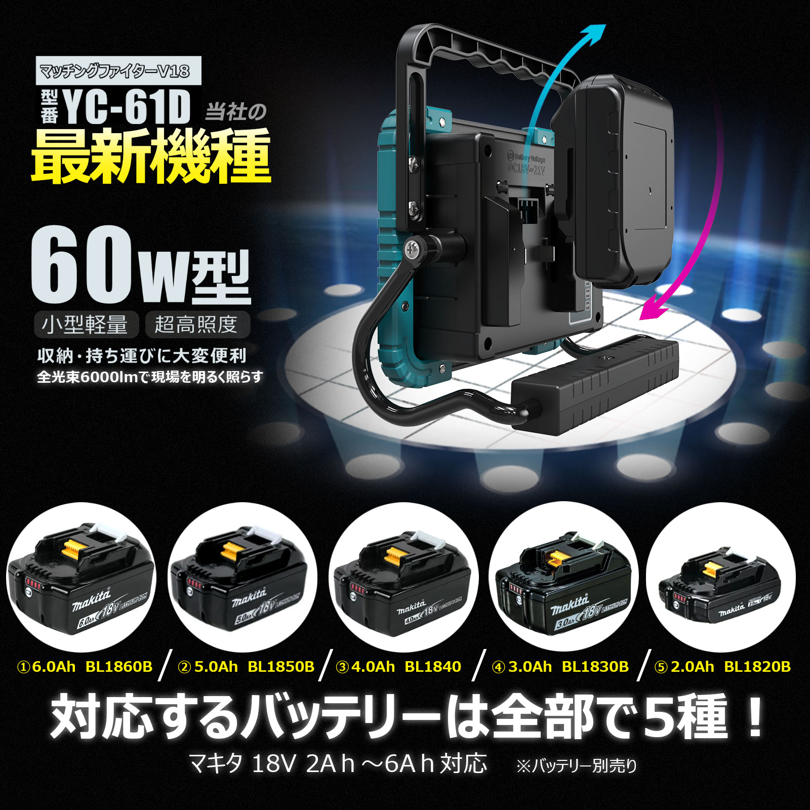 楽天市場】マキタ互換 バッテリー着脱式LED作業灯 60W 6000LM USB出力