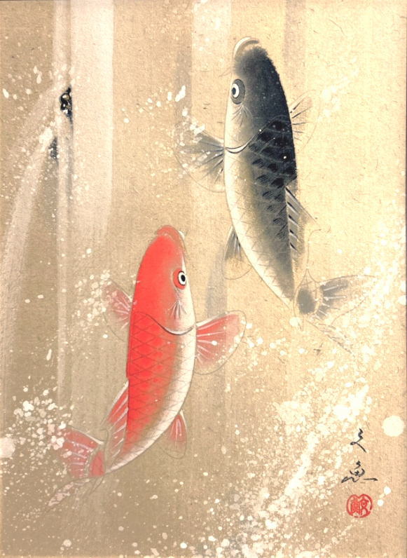 楽天市場】中谷文魚「 金運登り鯉 」 日本画 額装 四つ切サイズ : 内田画廊