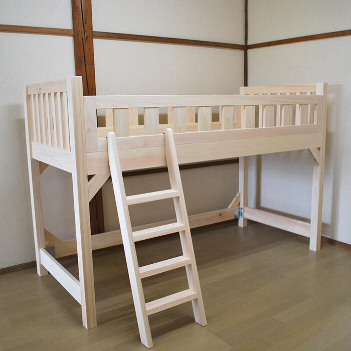 楽天市場】国産無垢ひのきロフトベッド ヘッド・フット縦桟 全面柵付き