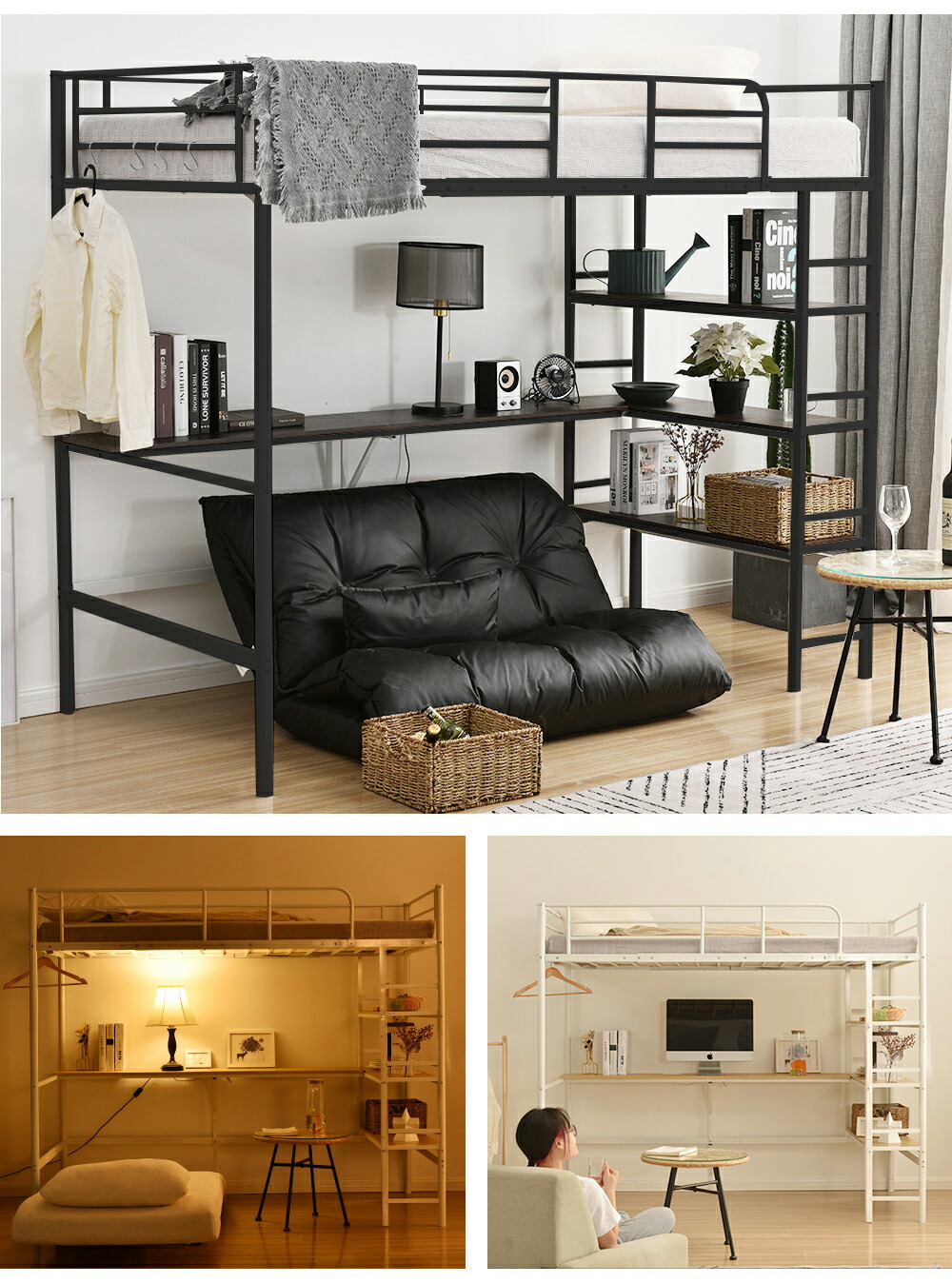 楽天市場】ロフトベッド デスク付き パイプベッド シングル 宮