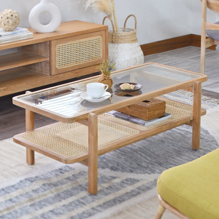 楽天市場】ガラス センターテーブル 幅100cm 完成品 ラタン チーク