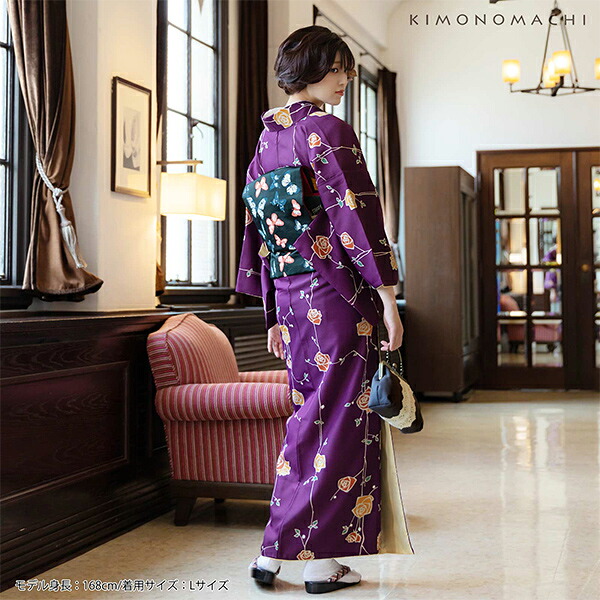 楽天市場】洗える着物 セット「袷着物：ばら 紫色＋京袋帯：黒 郡蝶
