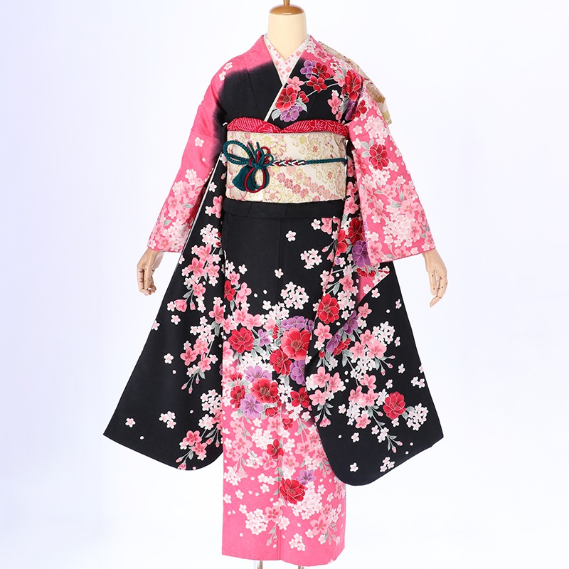 楽天市場】【成人式 振袖 レンタル】RS296黒 ピンクぼかし 玉桜フル