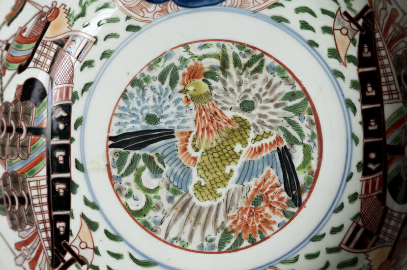 古伊万里 染錦 六寸皿 3客 松に帆掛け船文様 生活骨董 骨董