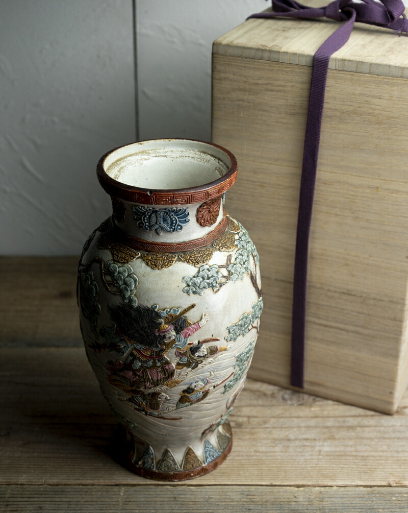 明治時代 薩摩焼「美人図小花瓶」楠部銘 箱付 花瓶 古玩 色絵 花器 古