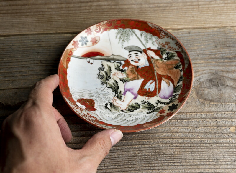 楽天市場】骨董○九谷焼色絵恵比寿文小皿○高田嶺山 / 於九谷高田画