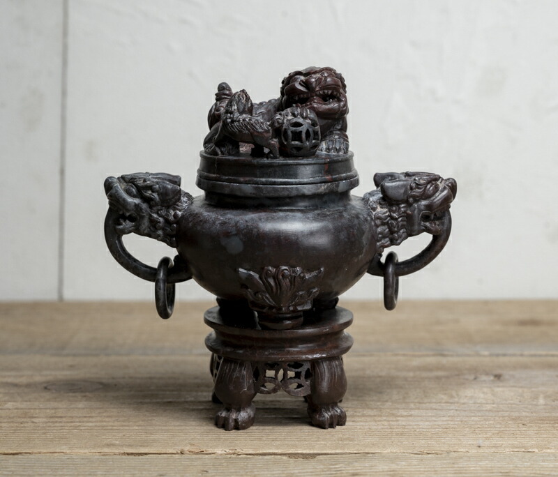 楽天市場】中国古玩 / 唐物○石香炉○球獅子 / 獣面耳付き (環付き