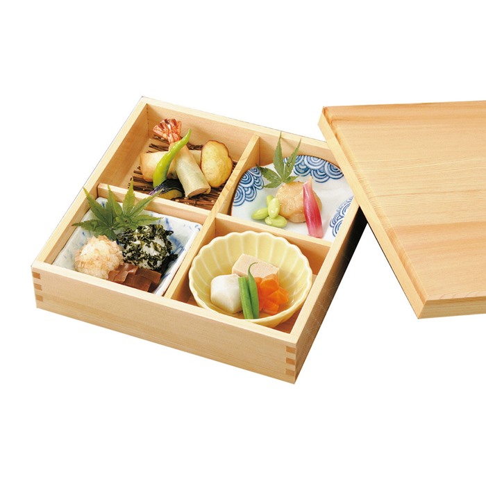 楽天市場】日本製 檜 松花堂弁当箱 22.5cm ミニ 蓋付き 四つ切り弁当