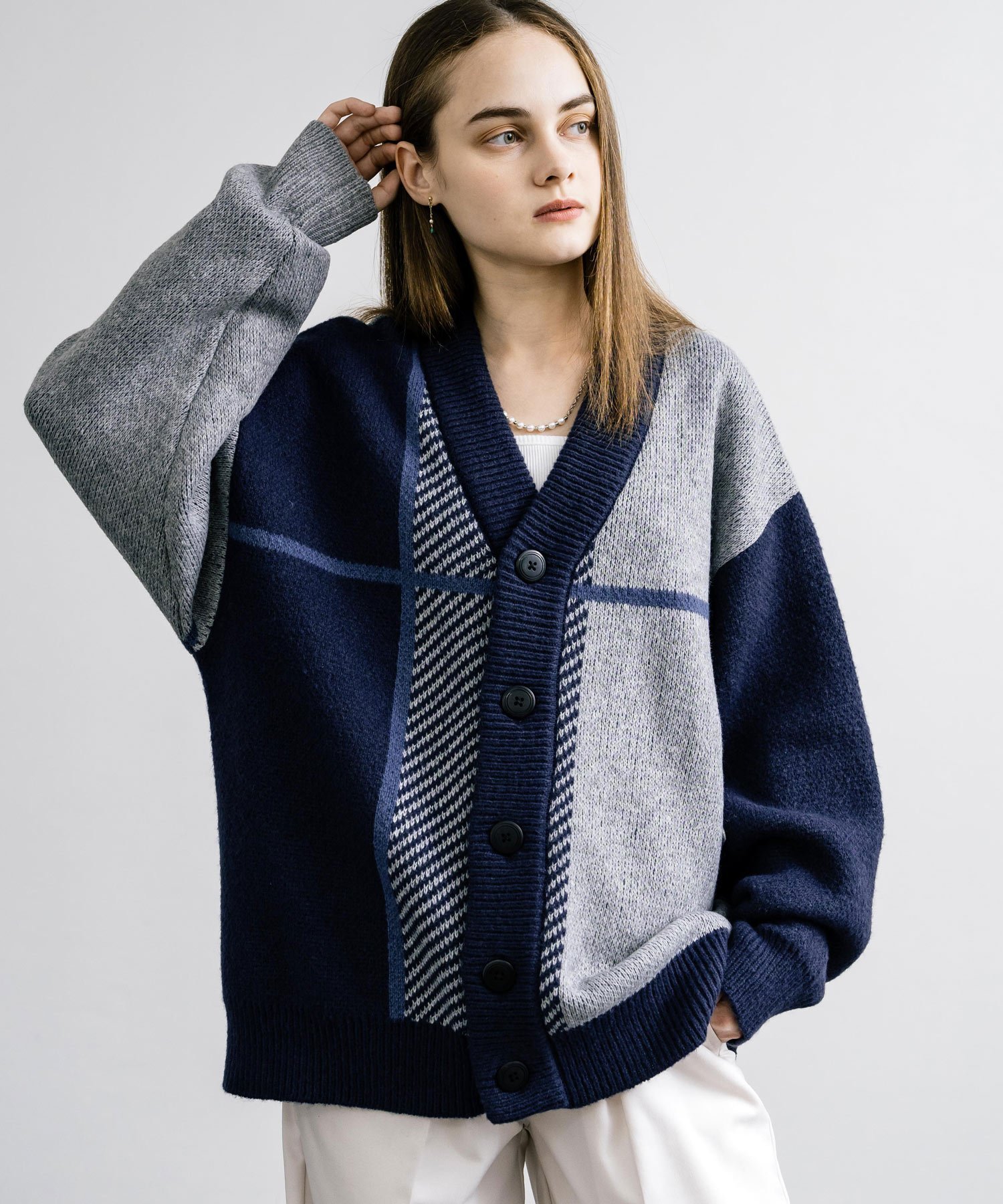 Rocky Monroe｜オーバーサイズ 7Gクロスチェック柄Vネックカーディガン