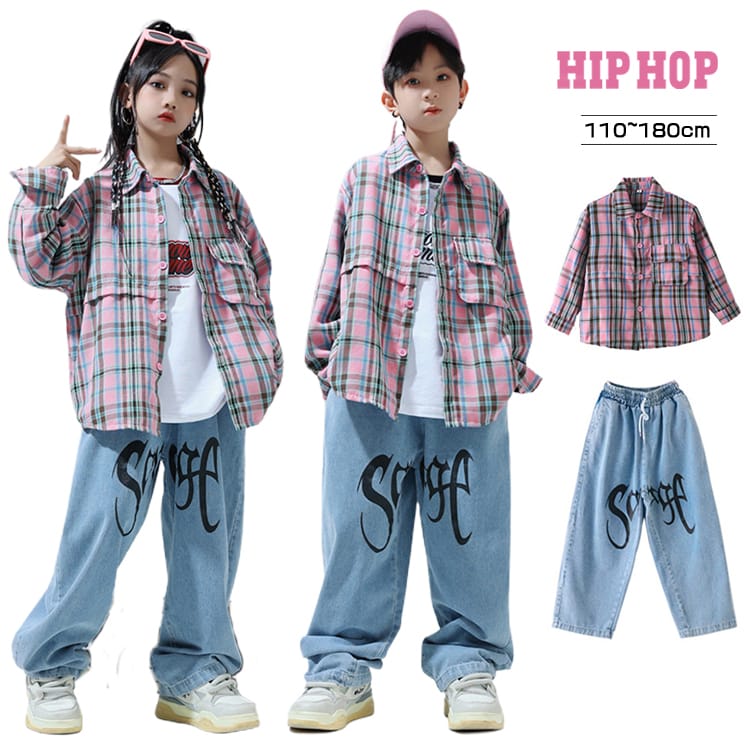 楽天市場】ピンク チェックシャツ デニムパンツ キッズダンス衣装