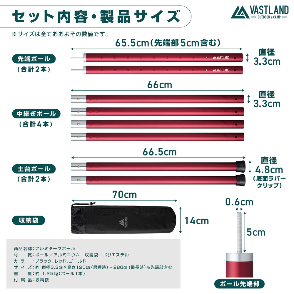 楽天市場】VASTLAND タープポール テントポール アルミ 2本セット