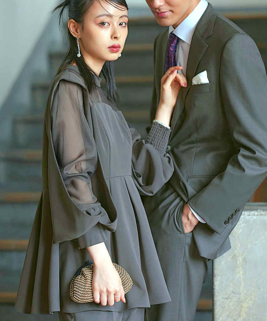 楽天市場】スリットスリーブペプラムトップス＆テーパードパンツ