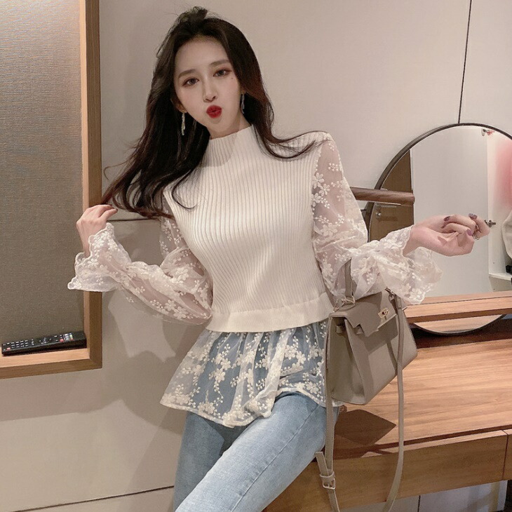 楽天市場】異素材MIX レース ニット ブラウス トップス 刺繍 袖フリル