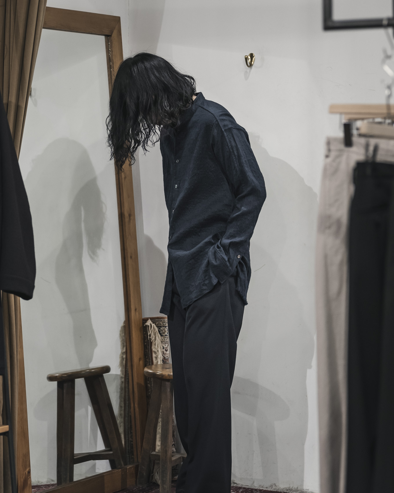 山内 / コットンキュプラ・ランダムシャドーストライプシャツ (Navy