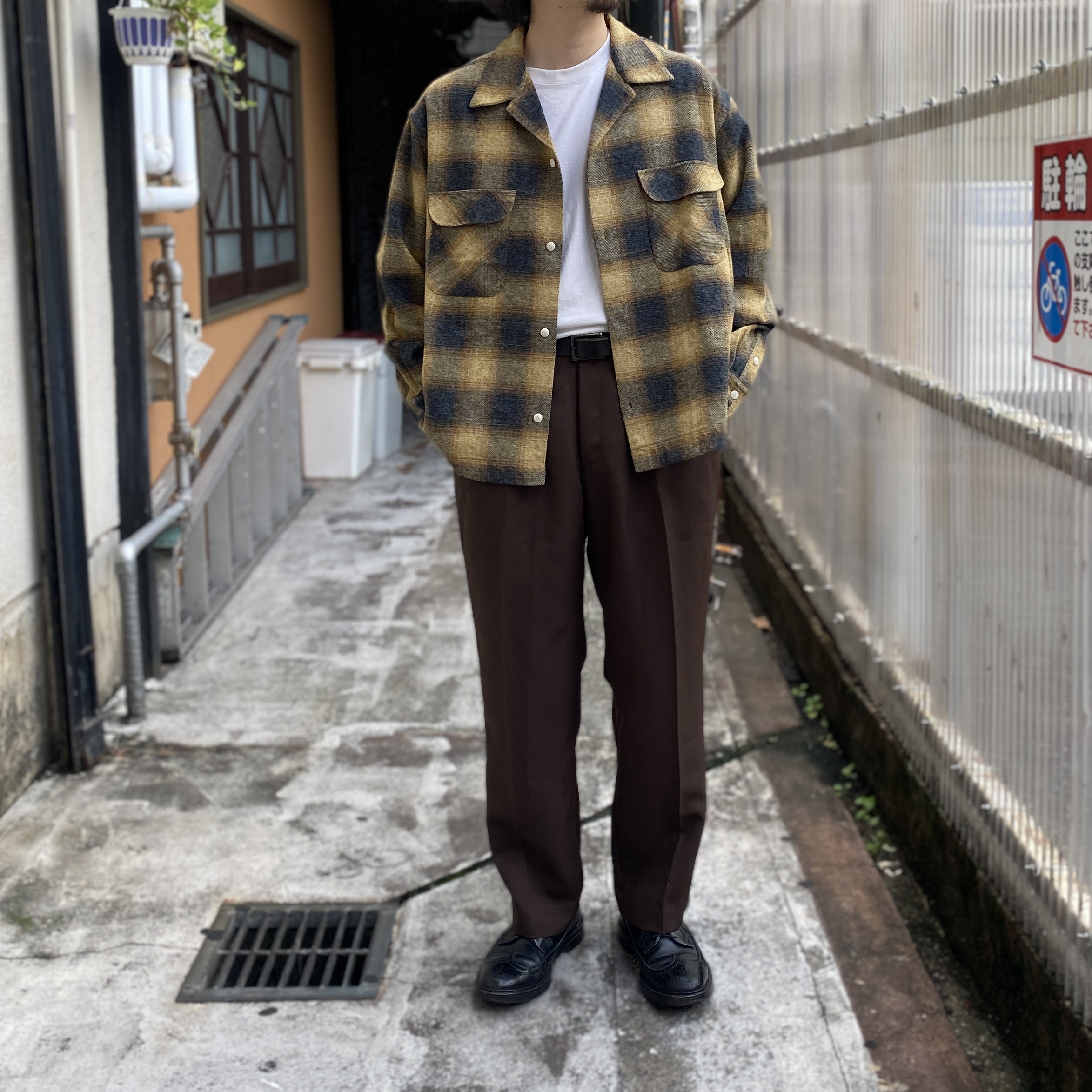 H.UNIT】Ombre check open collar L/S shirt Mustard | unstable