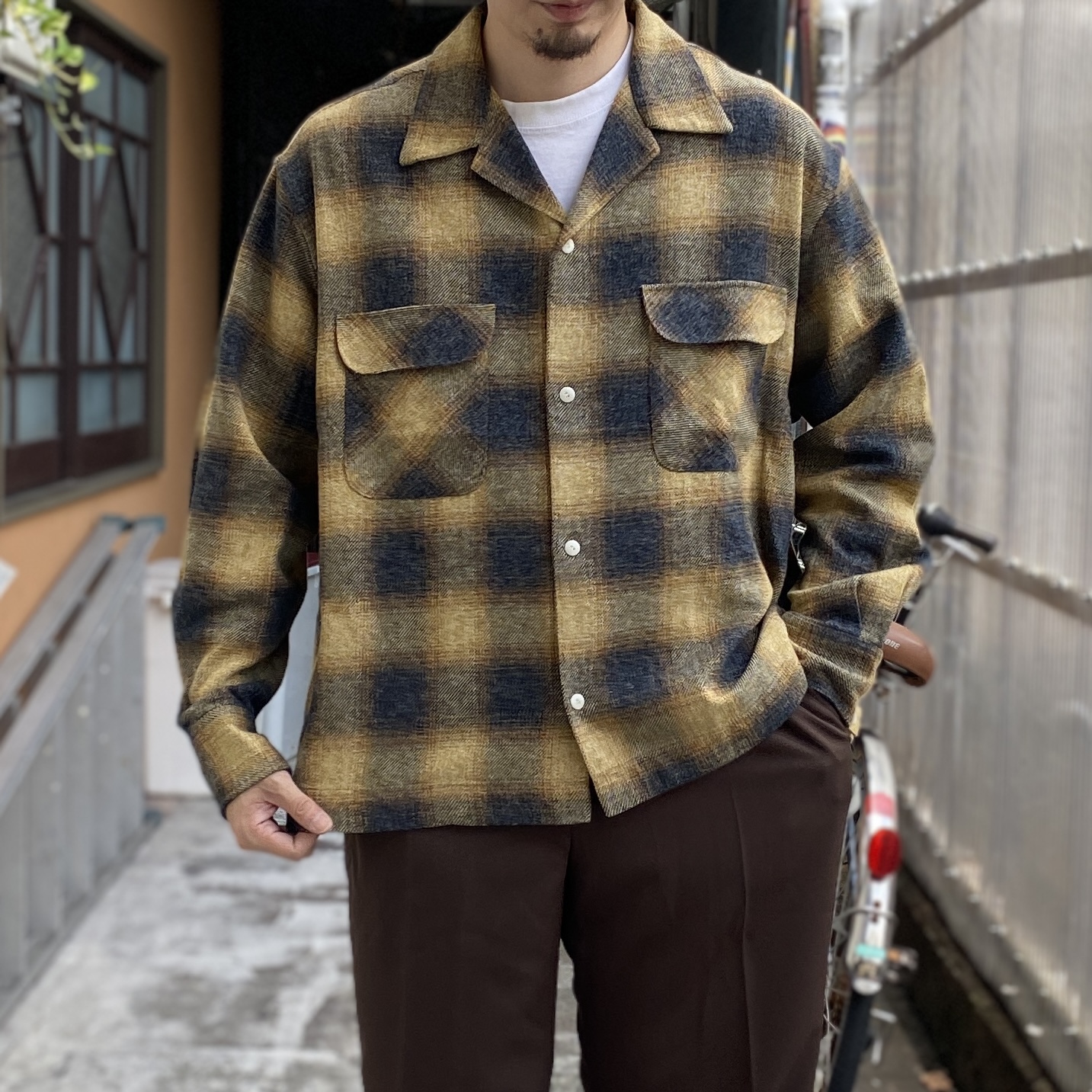 H.UNIT】Ombre check open collar L/S shirt Mustard | unstable
