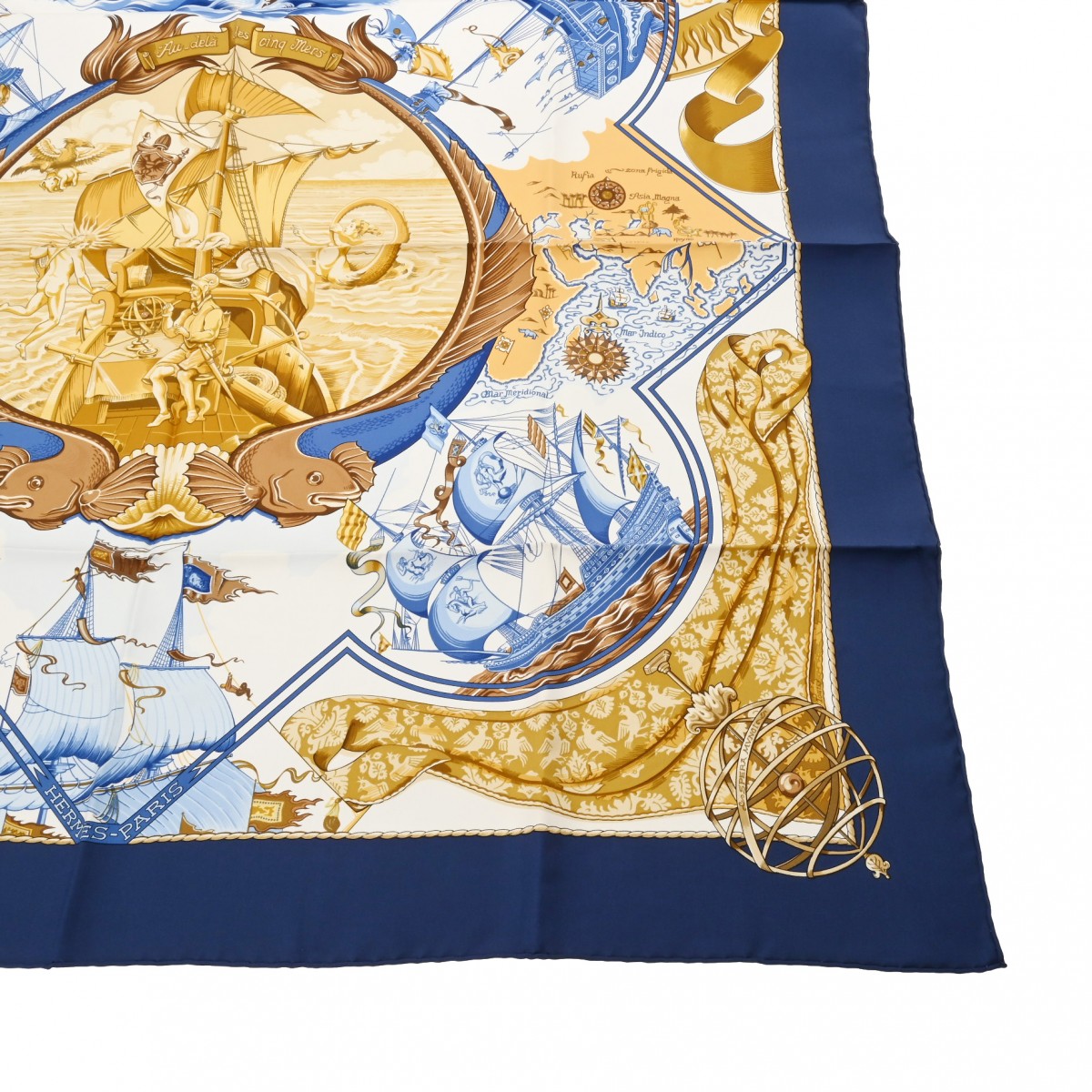 エルメス カレ90 Au-dela des cinq mers ブルー シルク100