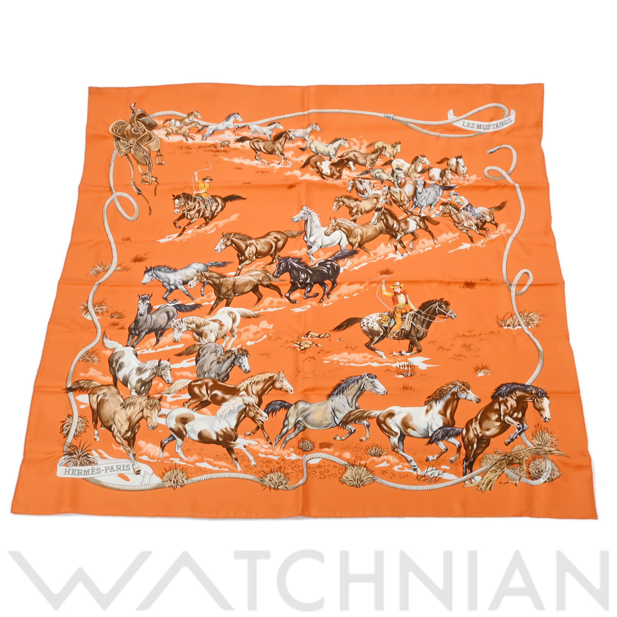 エルメス カレ 90 LES MUSTANGS オレンジ シルク100％ レディース