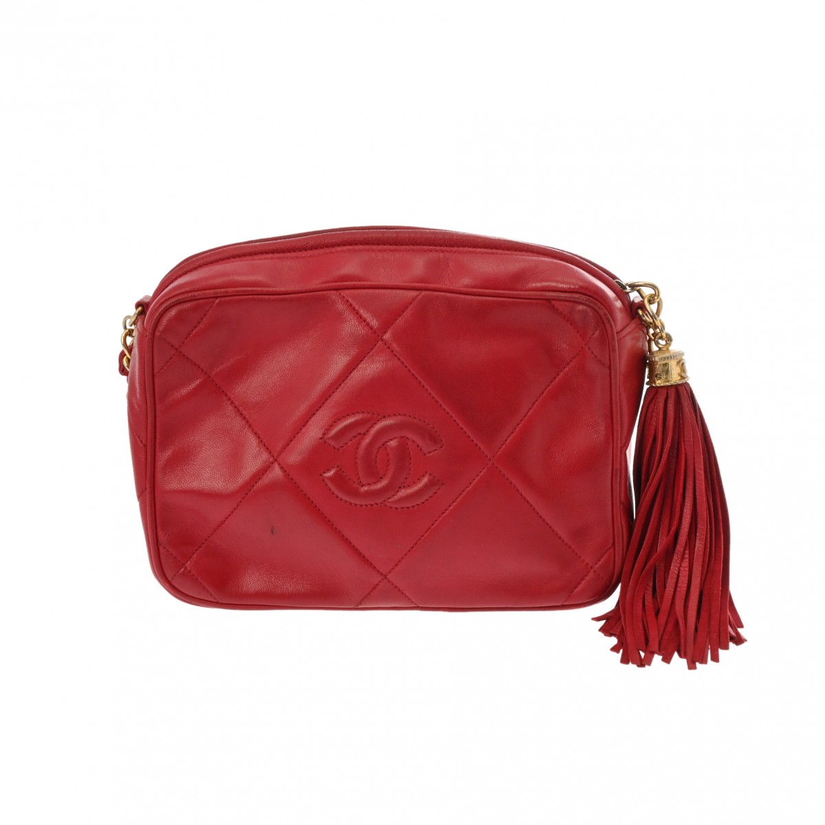シャネル フリンジチェーンショルダー レッド ラムスキン レディース