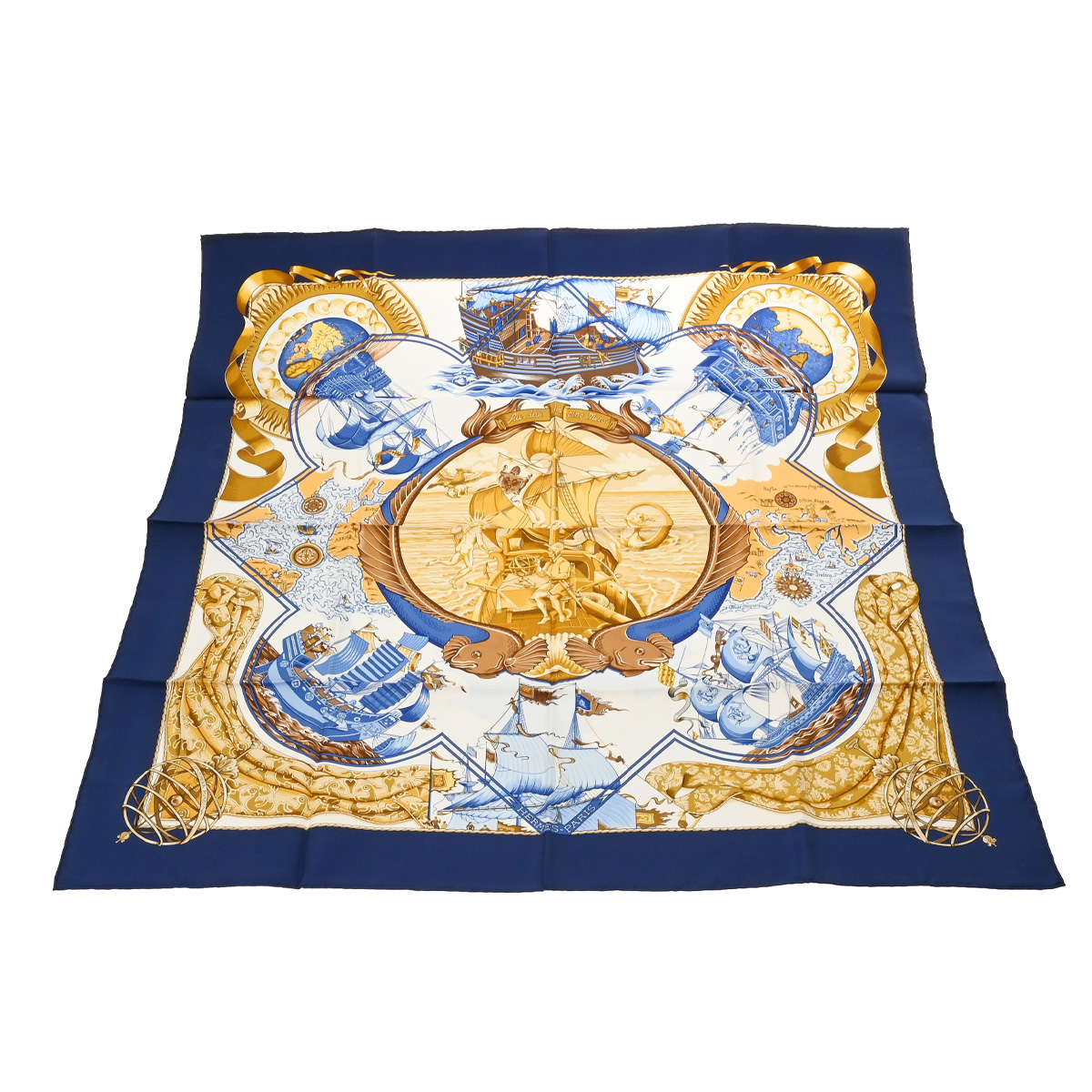 エルメス カレ90 Au-dela des cinq mers ブルー シルク100