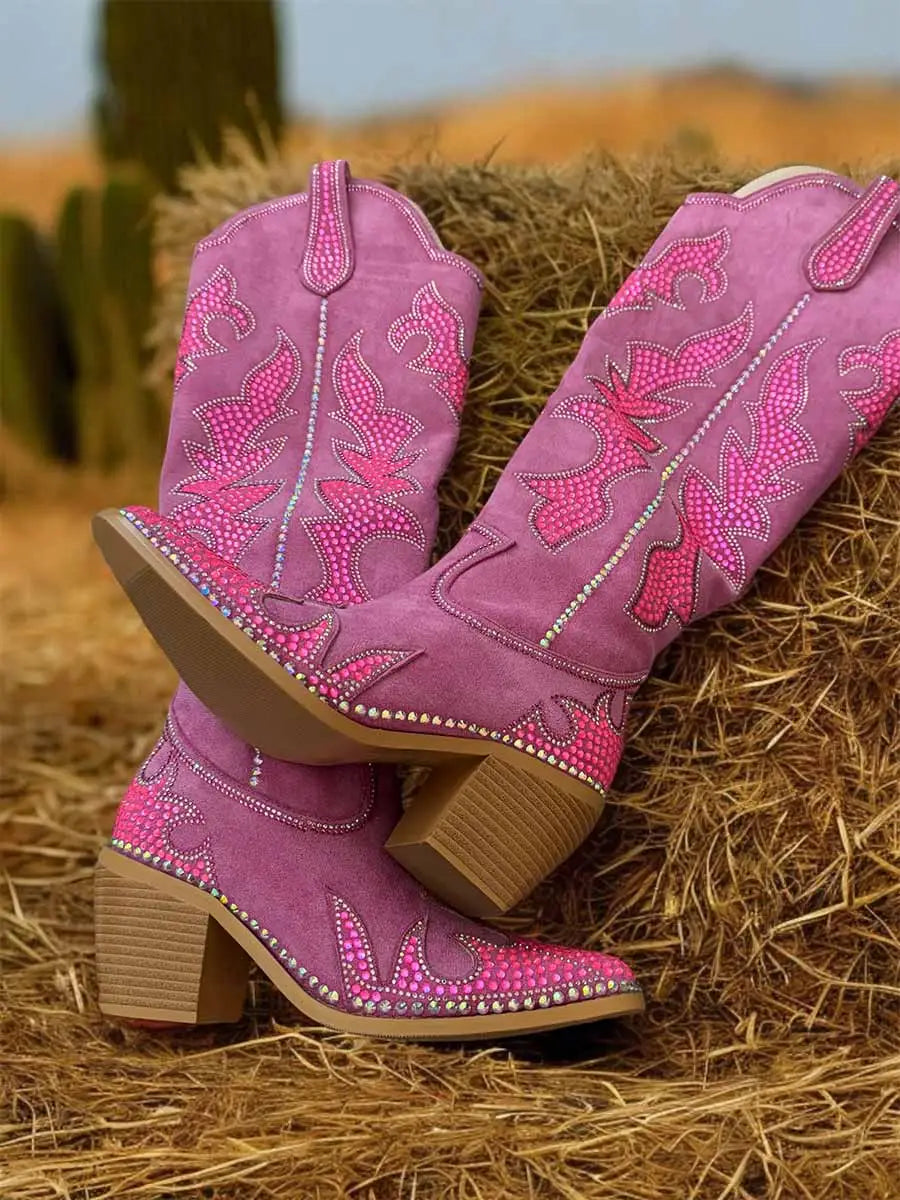 Rose Red Faux Suede Rhinestone Knee High Boots | WETKISS