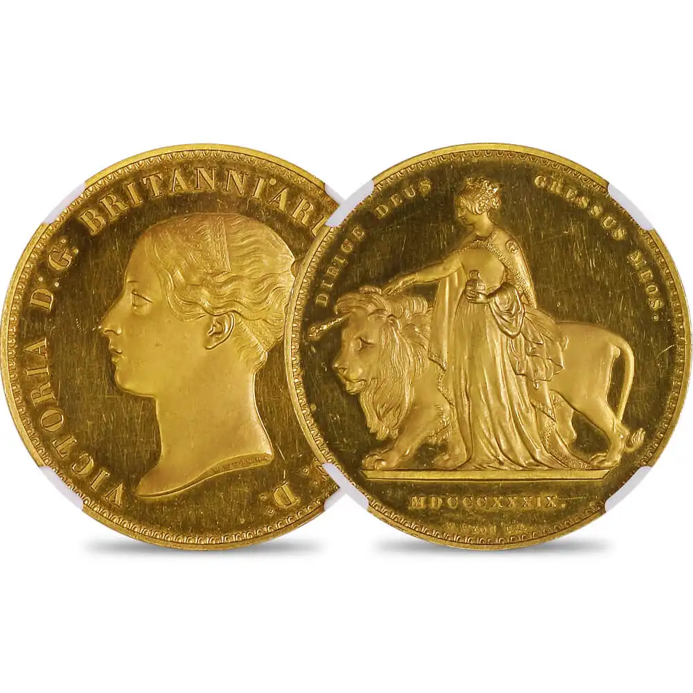 1839 ヴィクトリア女王 ウナ＆ライオン 5ポンド金貨 NGC PF62+UC WR